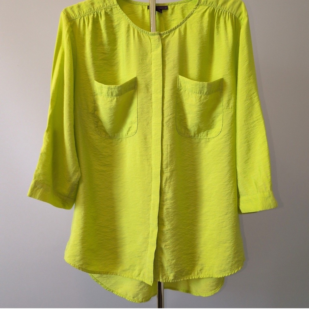 Beverly Drive Women 1X Blouse Neon Lime Green Roll Tab Sleeve Textured Tunic
